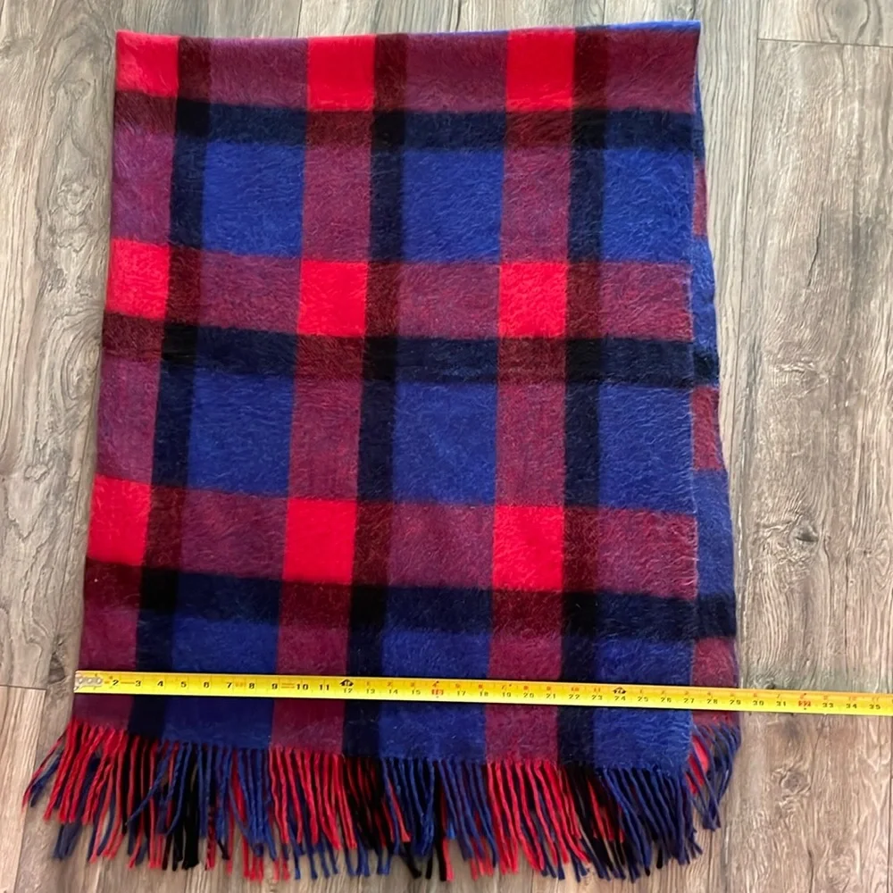 Vintage multicolored wool/mohair knitted blanket with fringe